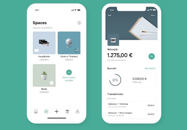 N26 Spaces 子帳戶儲蓄目標功能介面