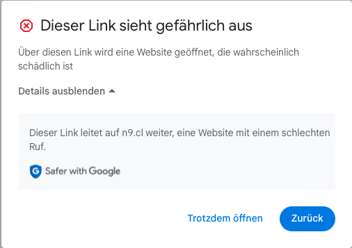 Google 警告連結危險的瀏覽器提示畫面
