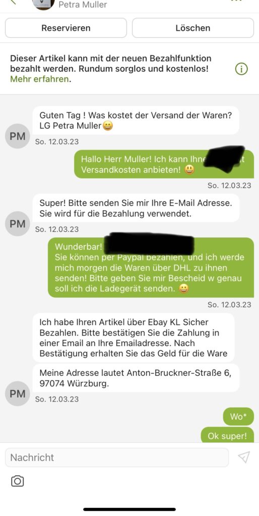 Ebay Kleinanzeige 詐騙對話訊息截圖
