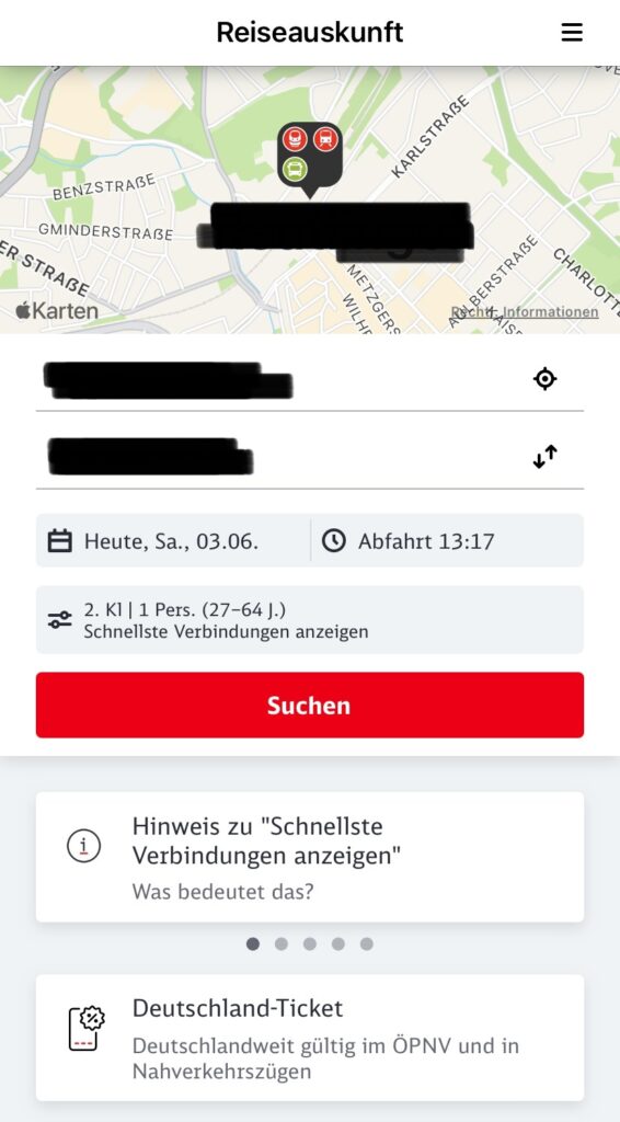 DB Navigator App 首頁顯示 Deutschland Ticket 入口