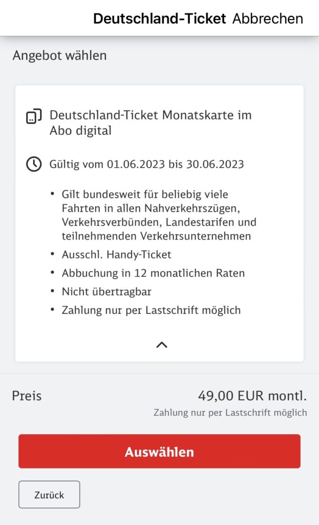 Deutschland Ticket 訂閱規則詳細說明畫面