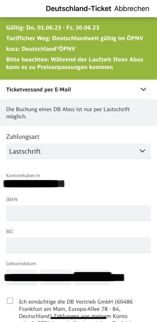DB Navigator 付款頁顯示 Lastschrift 自動扣款選項