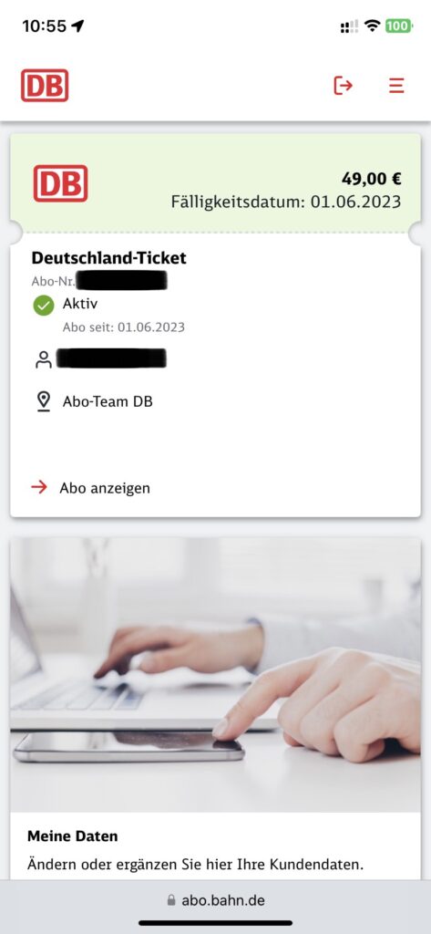 德鐵訂閱管理頁顯示目前 aktiv 啟用中的車票