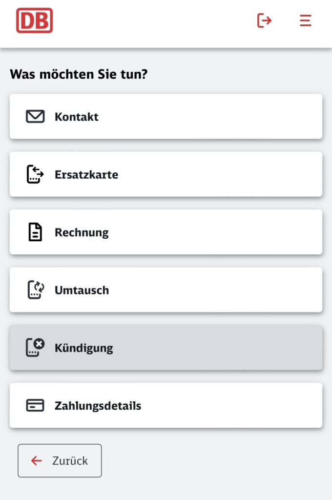 德鐵 D-Ticket All Services 服務選單顯示 Kündigung 解約