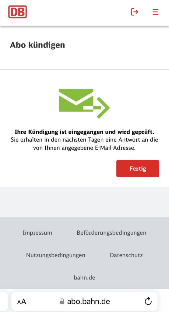 德鐵解約完成等待信箱收到確認 Email 提示畫面