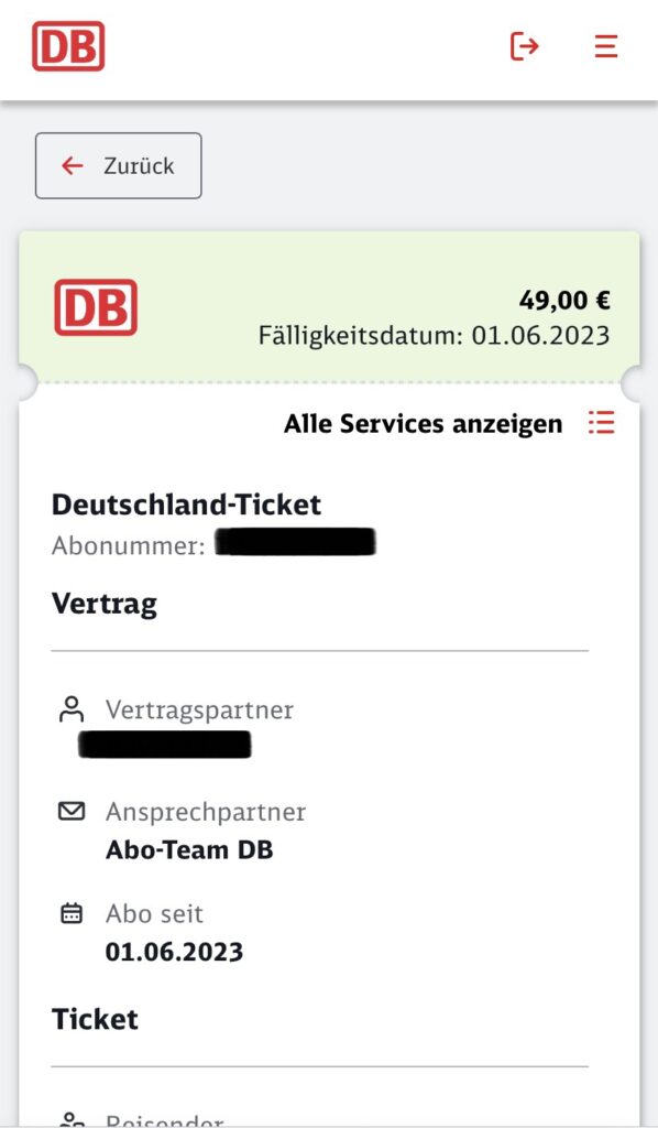 德鐵 D-Ticket 訂閱詳情顯示日期與 Abonummer 訂閱號碼