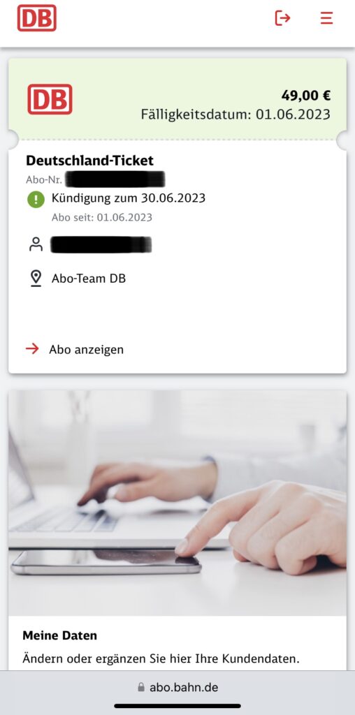 德鐵 Aboportal 顯示 Kündigung zum 6/30 解約成功