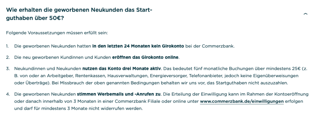 Commerzbank 50 歐開戶獎金活動德文條款說明