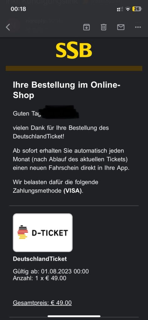 SSB Move 信箱收到 Deutschland Ticket 購票確認信