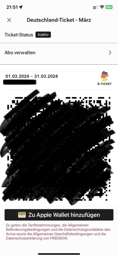 Freenow App 購票成功顯示 QR Code 車票