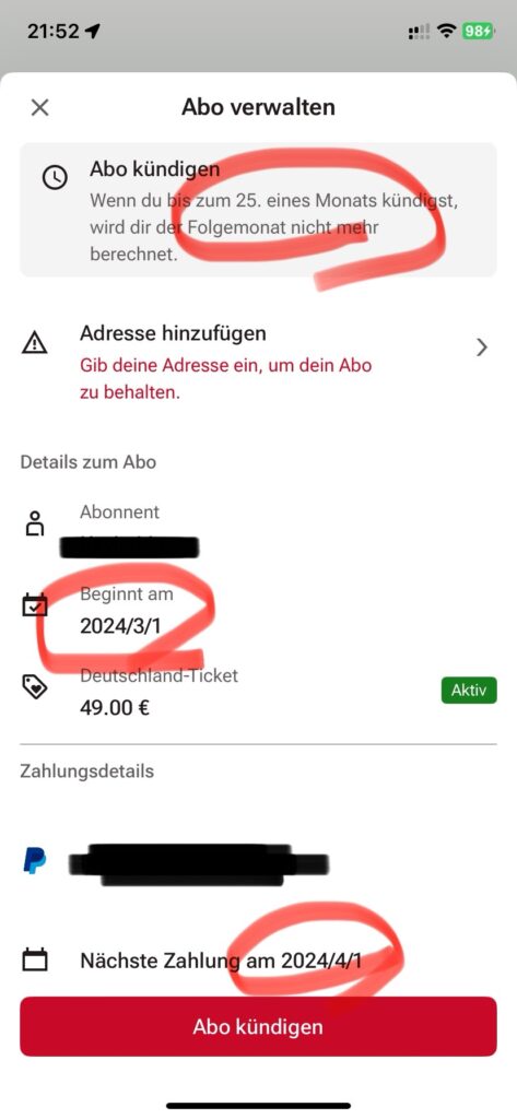 Freenow App 顯示 Abo kündigen 取消訂閱按鈕