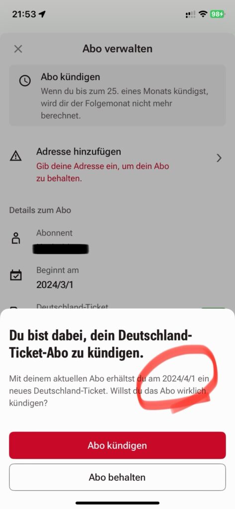 Freenow App 按下 Abo kündigen 取消訂閱