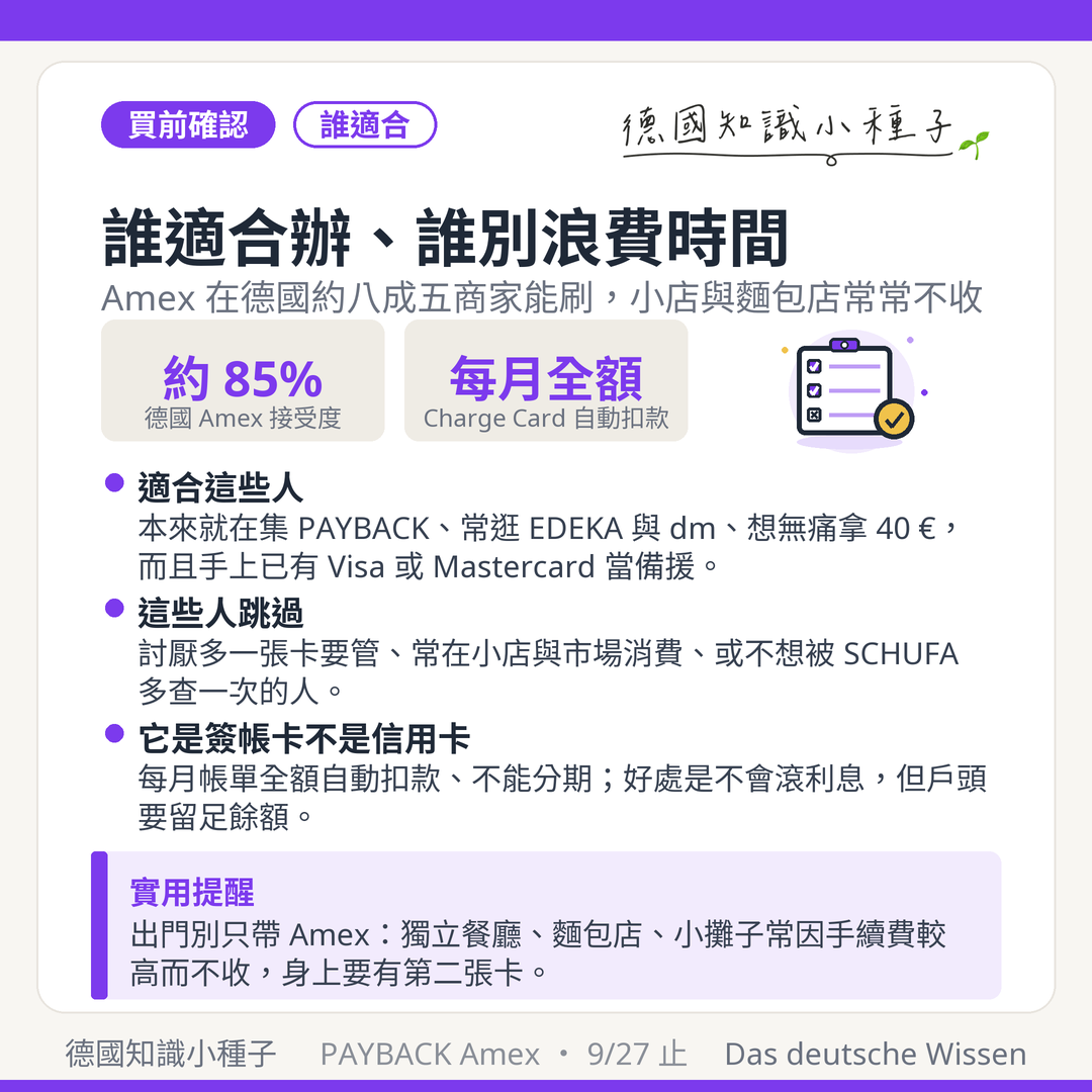 PAYBACK American Express 誰適合辦：Amex 德國接受度約 85%，是每月全額扣款的簽帳卡，小店與麵包店常不收