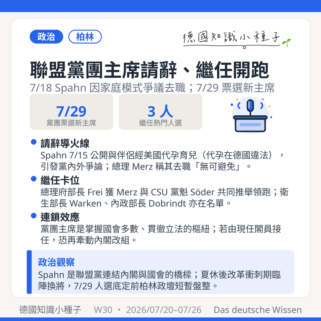 聯盟黨團主席 Spahn 7/18 請辭 家庭模式爭議 代孕 7/29 改選 Frei 領跑 Warken Dobrindt 內閣改組