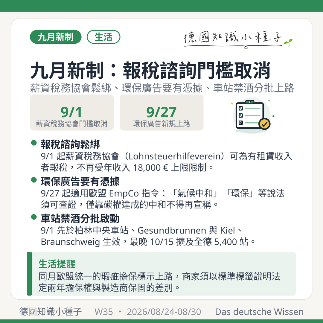 德國2026年九月新制 9月1日薪資稅務協會Lohnsteuerhilfeverein收入門檻取消 9月27日歐盟EmpCo指令環保廣告 車站禁酒柏林中央車站Kiel Braunschweig 10月15日全德5400站