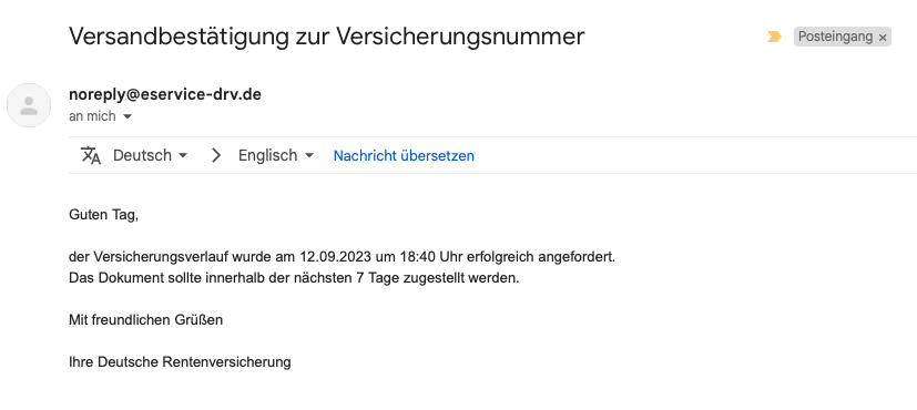 德國養老金申請成功的 Email 確認信內容