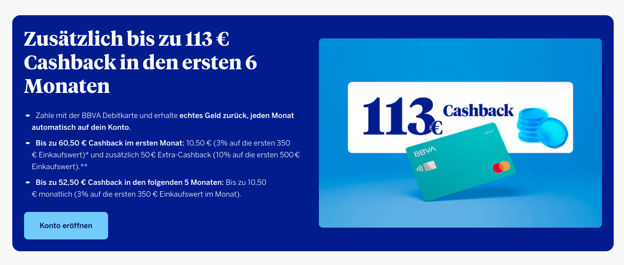 BBVA 前 6 個月最高 €113 Cashback 回饋詳細說明