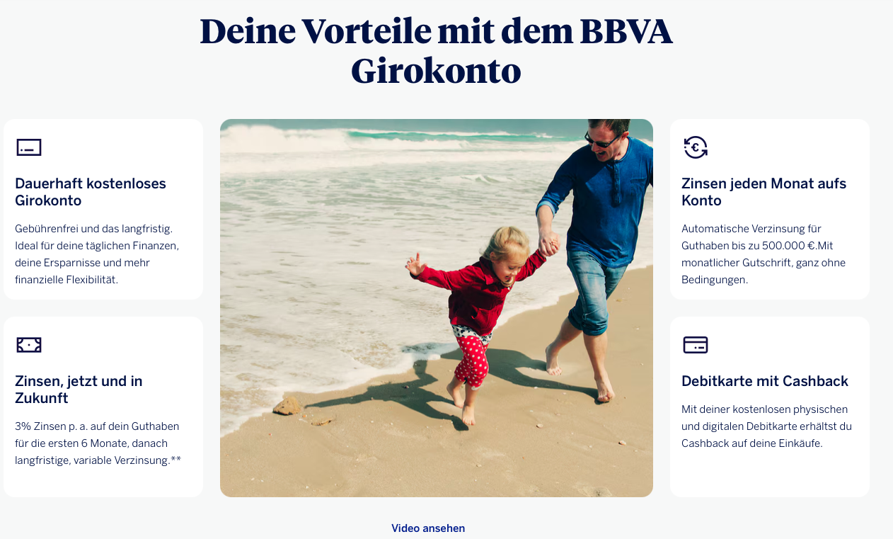 BBVA Girokonto 功能特色：免費帳戶、每月利息入帳、Debit 卡 Cashback