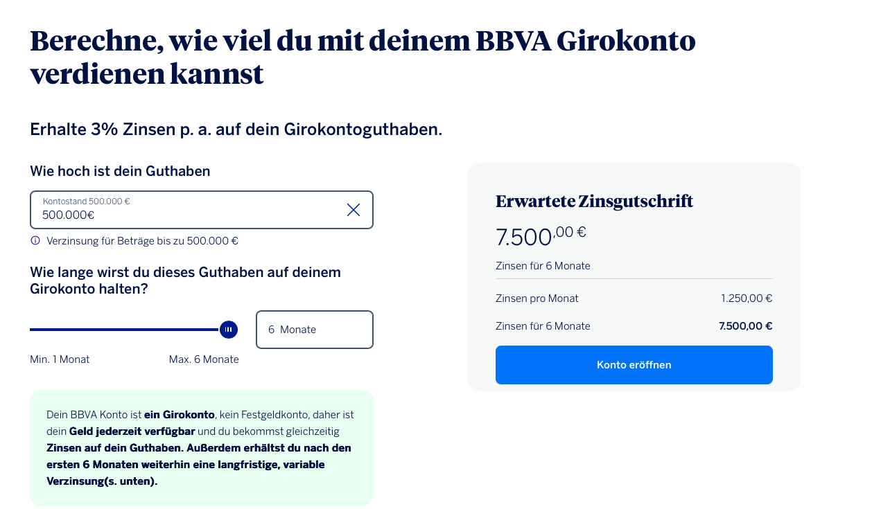 BBVA 利息計算機：3% 年利率，500,000 歐元最高 6 個月可獲利 7,500 歐元
