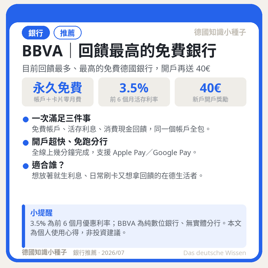 BBVA 永久免費帳戶、3.5% 活存利率、3.5% Cashback